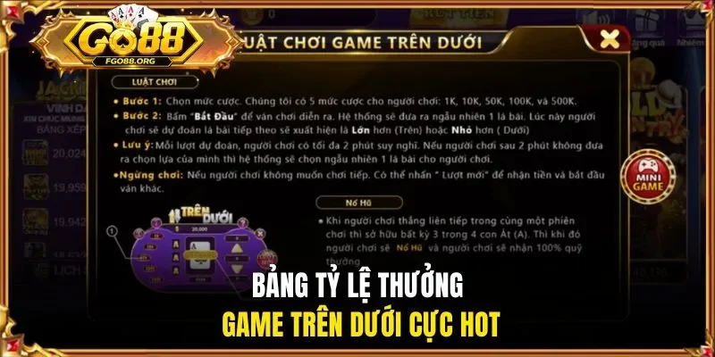 Bảng tỷ lệ thưởng game Trên Dưới cực hot
